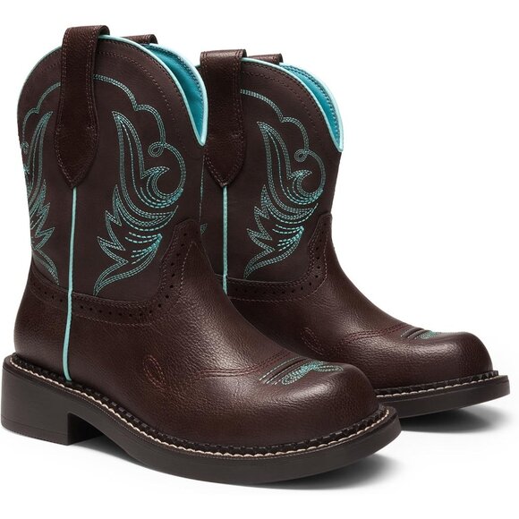 Women's Cowgirl Round Toe Embroidered Mid Calf Western Boot Concert Brown Blue - Picture 4 of 7